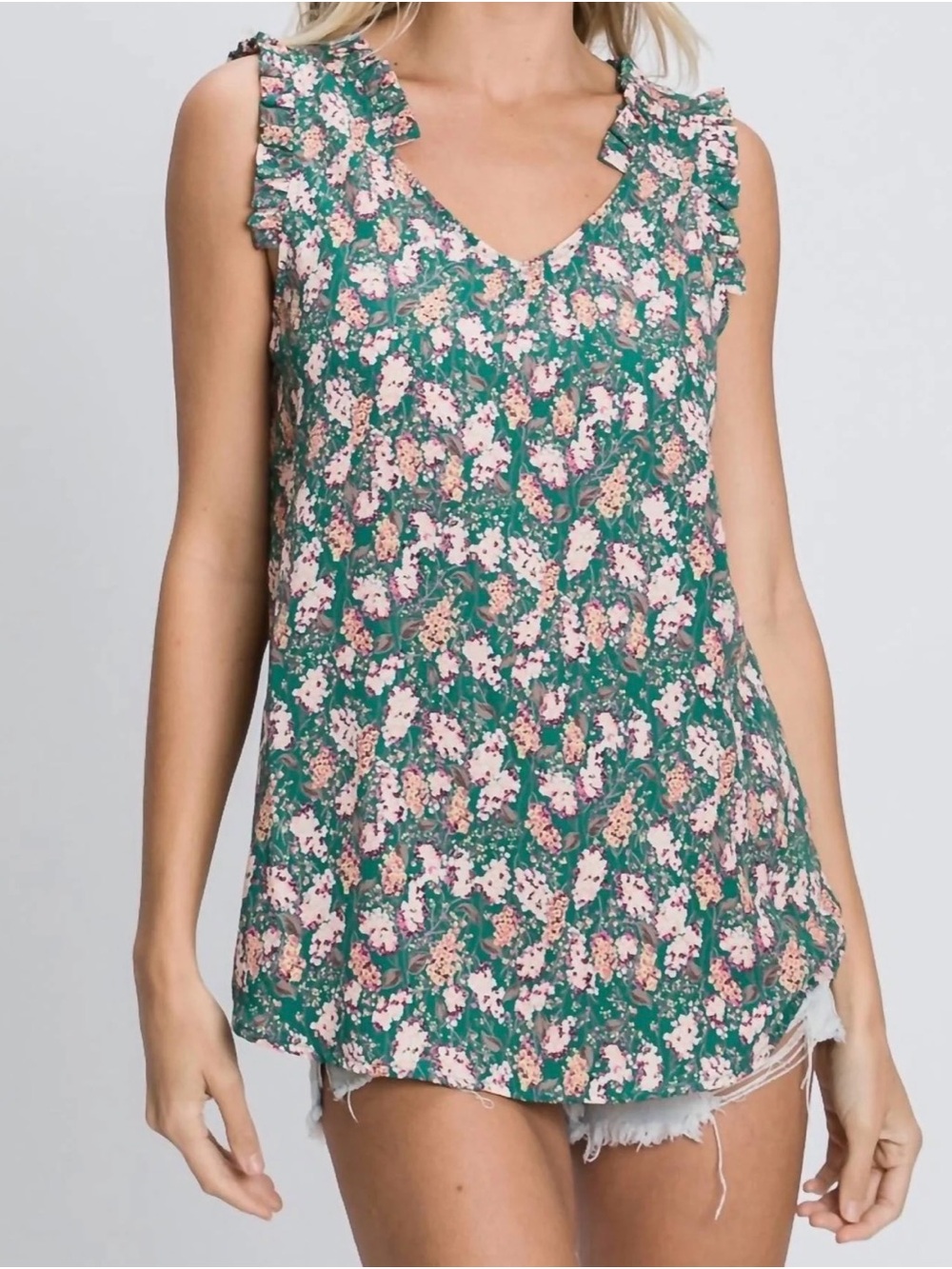Green Floral Ruffle V-Neck Camisole